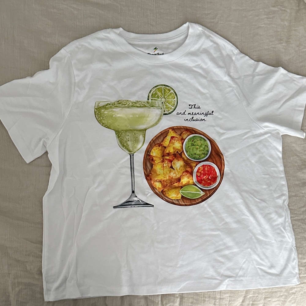 White Graphic T-Shirt with Margarita and Nachos - inclusion, autism awareness